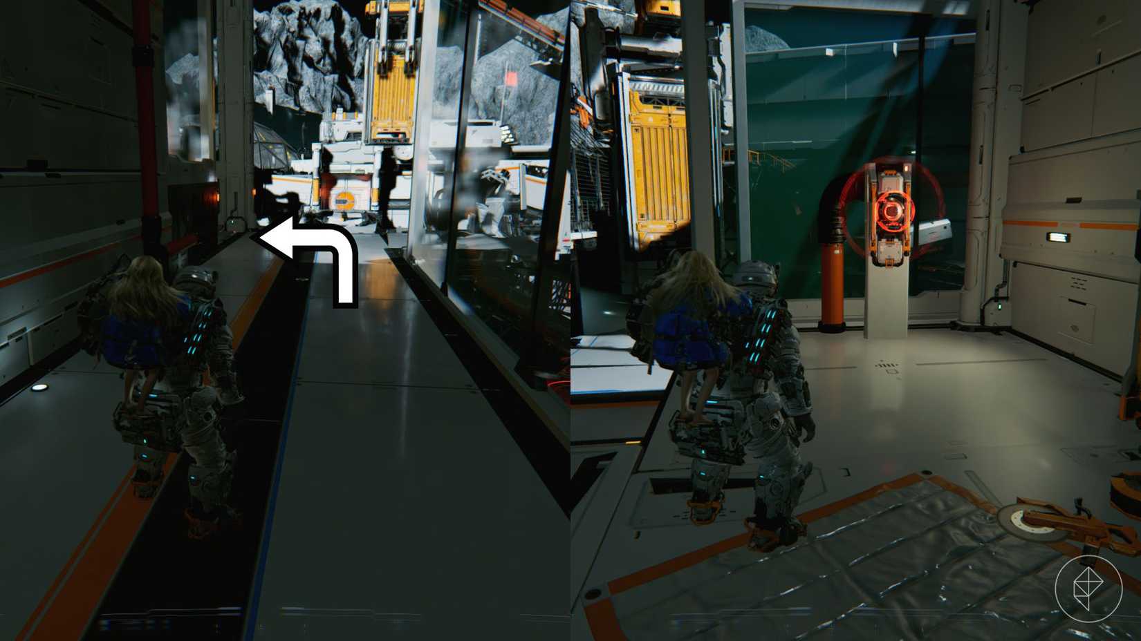 A man carrying a girl on his back walking down a shiny white tile pathway and standing in front of a machine with a red light ring.