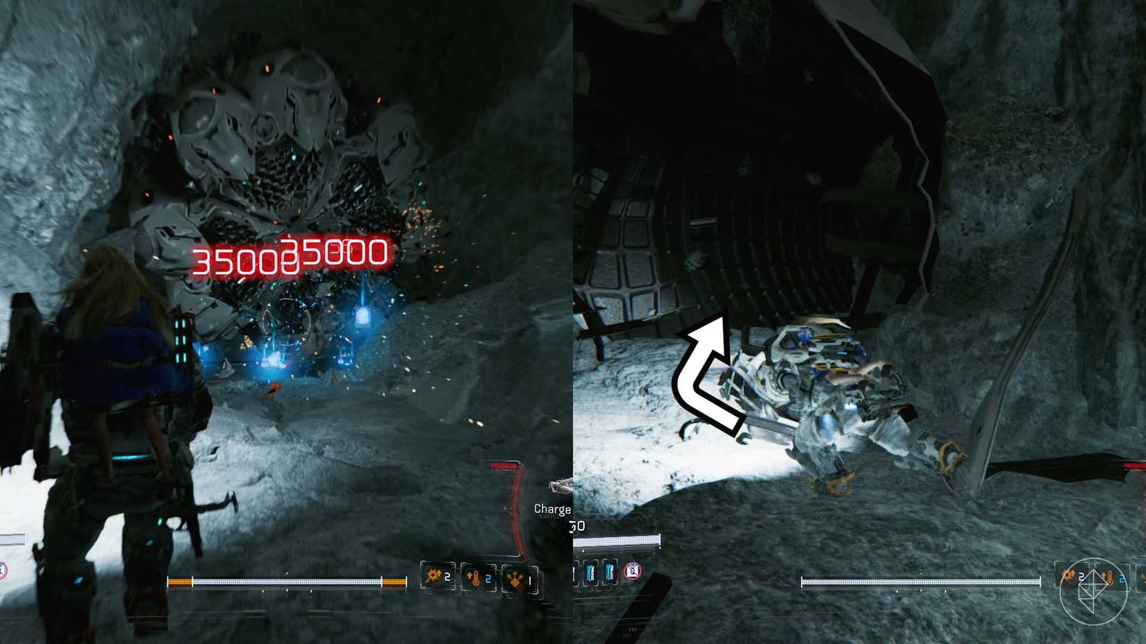 A man carrying a girl on his back looking at the head of a giant robot worm and then running into a hole in the wall in Pragmata.