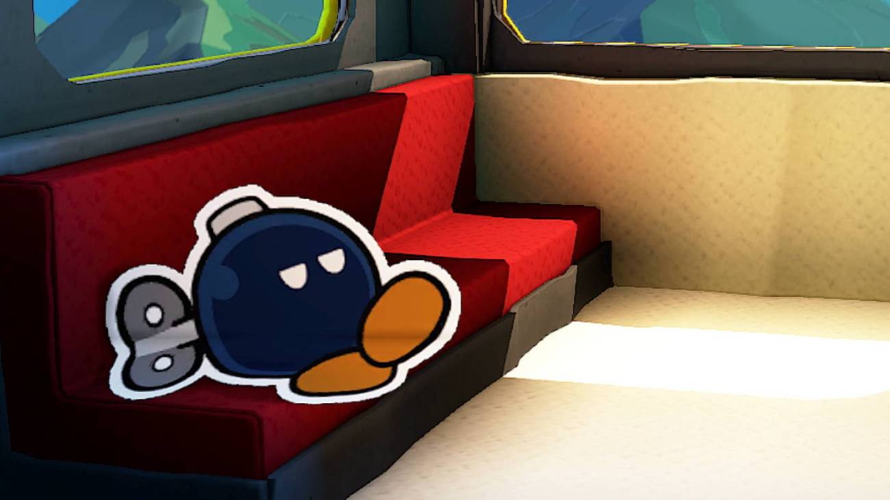 Bobby the Bob-Omb sits in a gondola in Paper Mario The Origami King