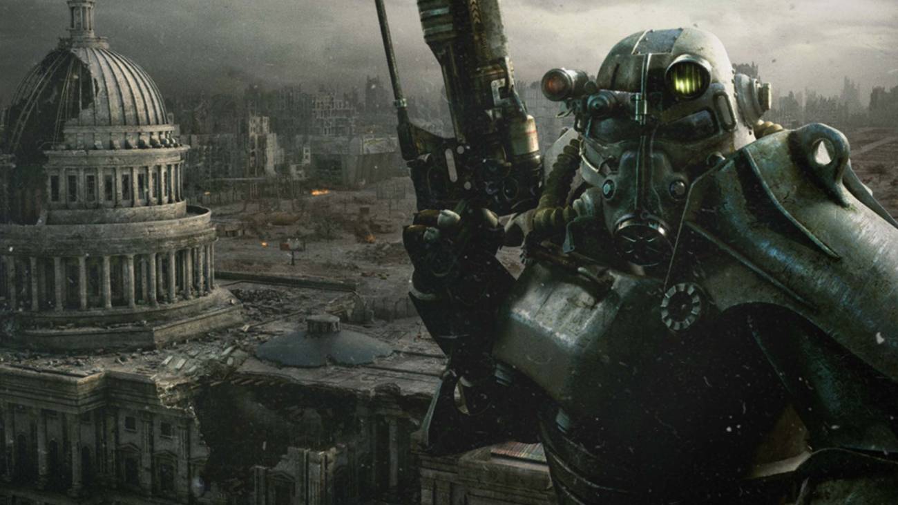 A soldier wearing power armor in Fallout 3 thinks about how war, war never changes