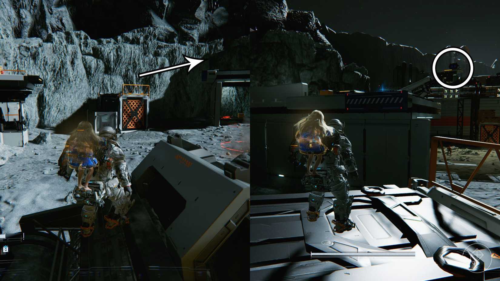 A man carrying a girl on his back looking toward an orange box and a blue box on top of a crane in Pragmata.