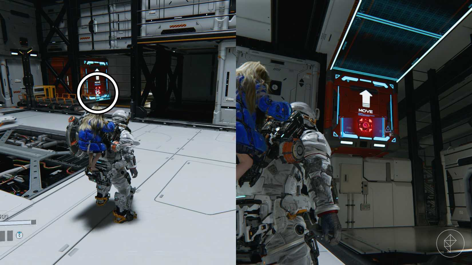 A man carrying a girl on his back standing before two orange containers that have a large white arrow on them in Pragmata.