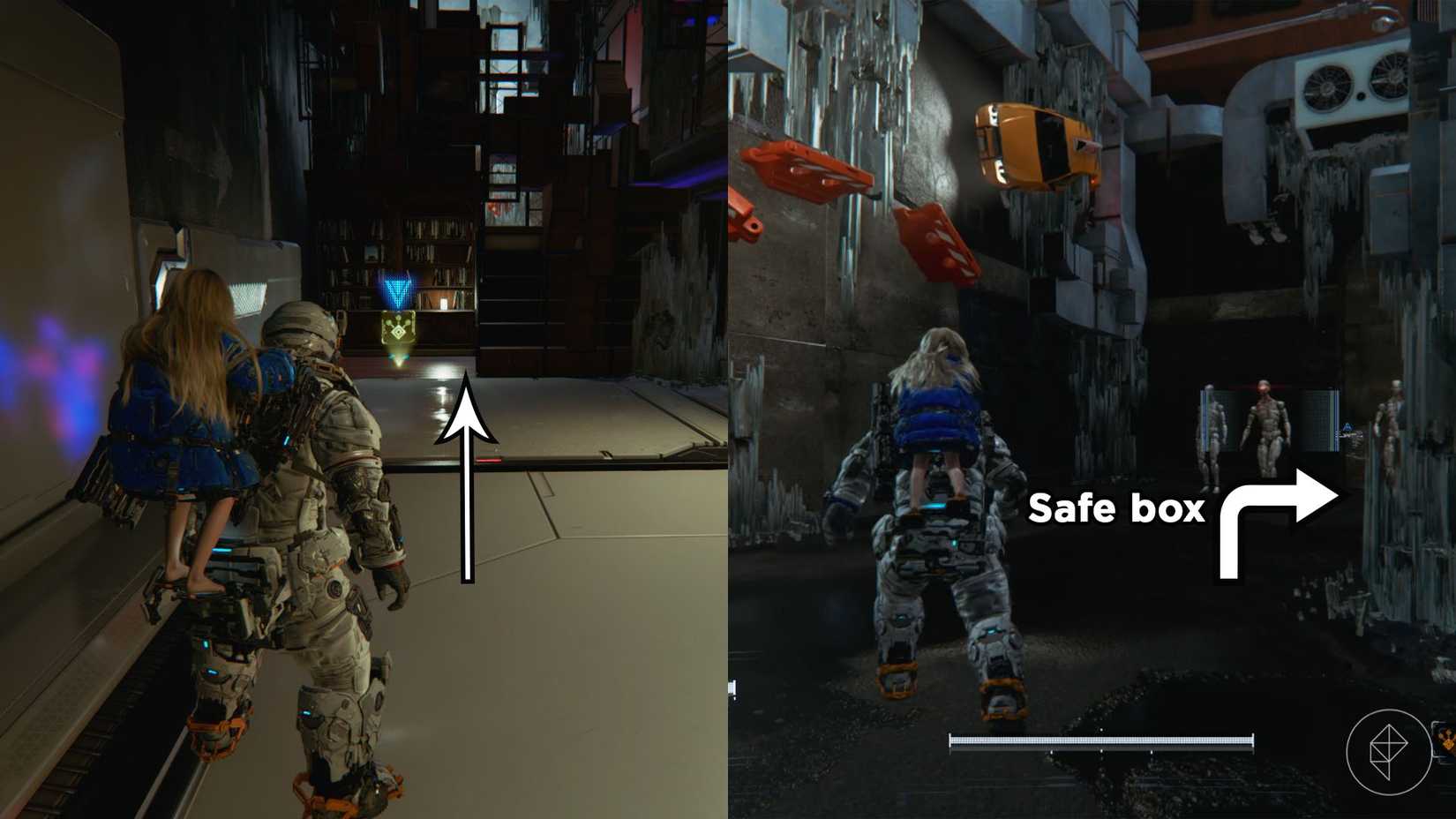 A man carrying a girl on his back standing in a hallway with a yellow item in the distance and white humanoid robots in Pragmata.