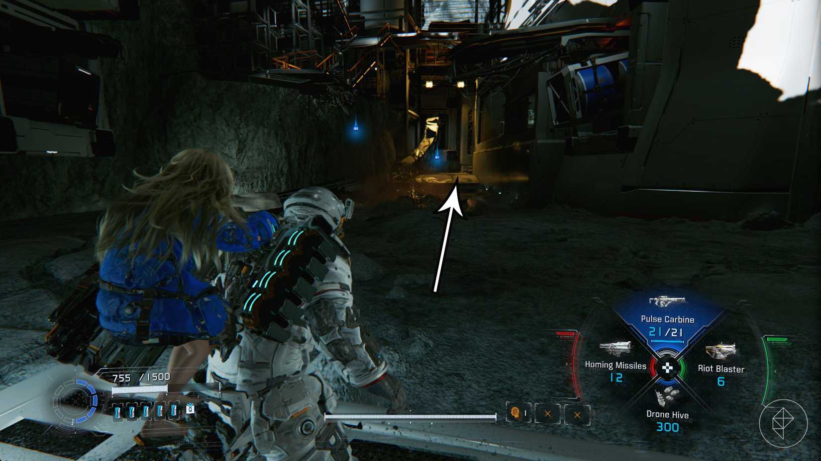 A man carrying a girl on his back looking toward a broken bridge and stair case above him in Pragmata.