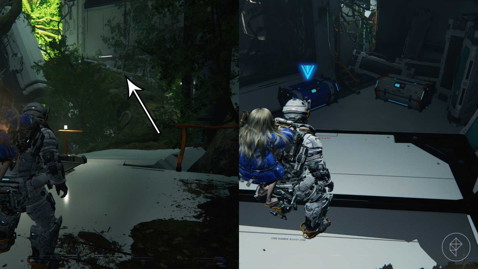 A man carrying a girl on his back looking toward a large tree root and two chests in Pragmata.