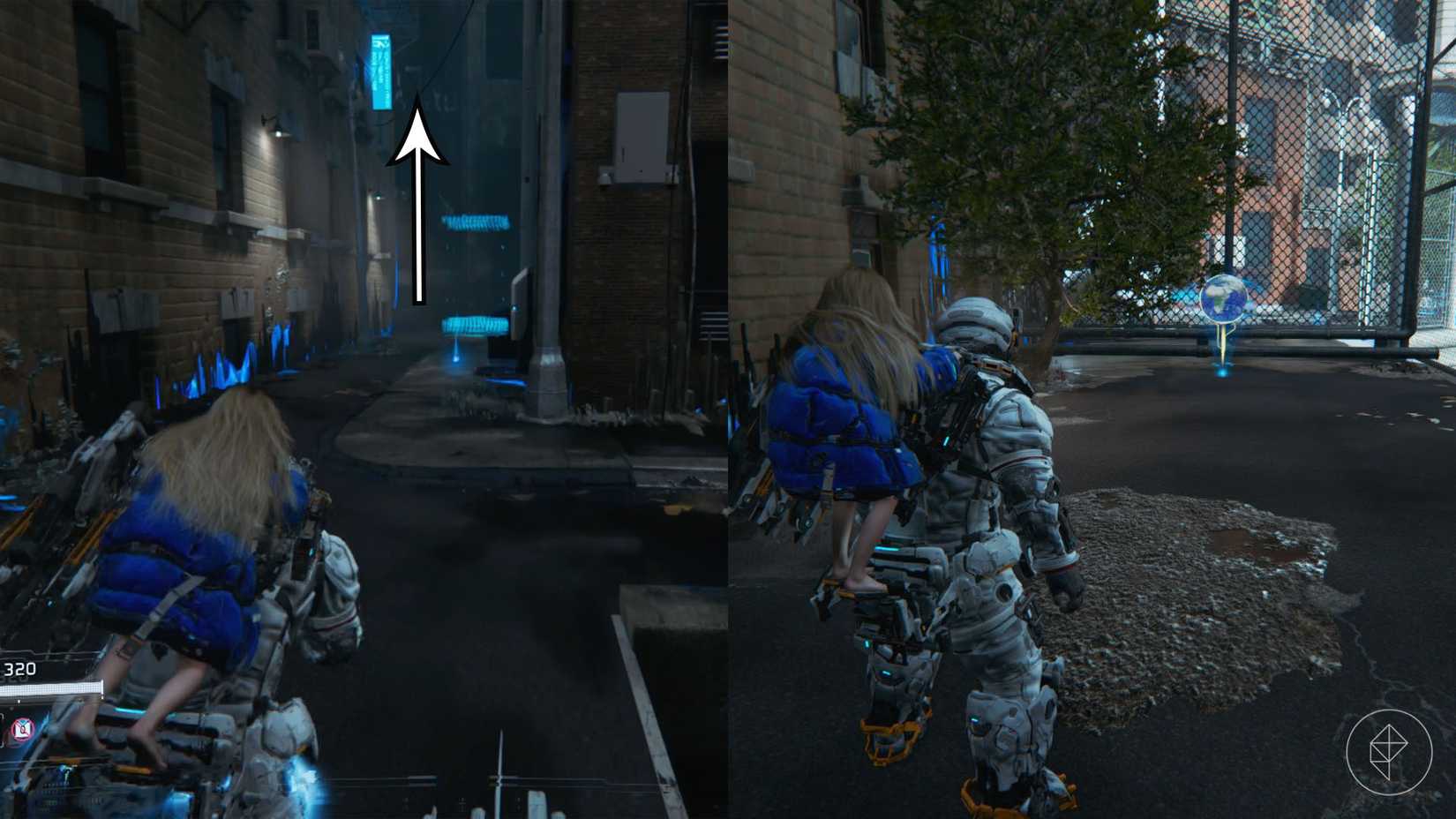 A man carrying a girl heading toward two blue lights that lead to an REM, which looks like a globe.