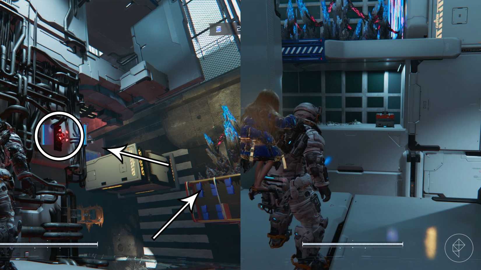 A jumping puzzle with a terminal and platforms made of cars and white metal on a vertical road, as well as a hidden chest in Pragmata.