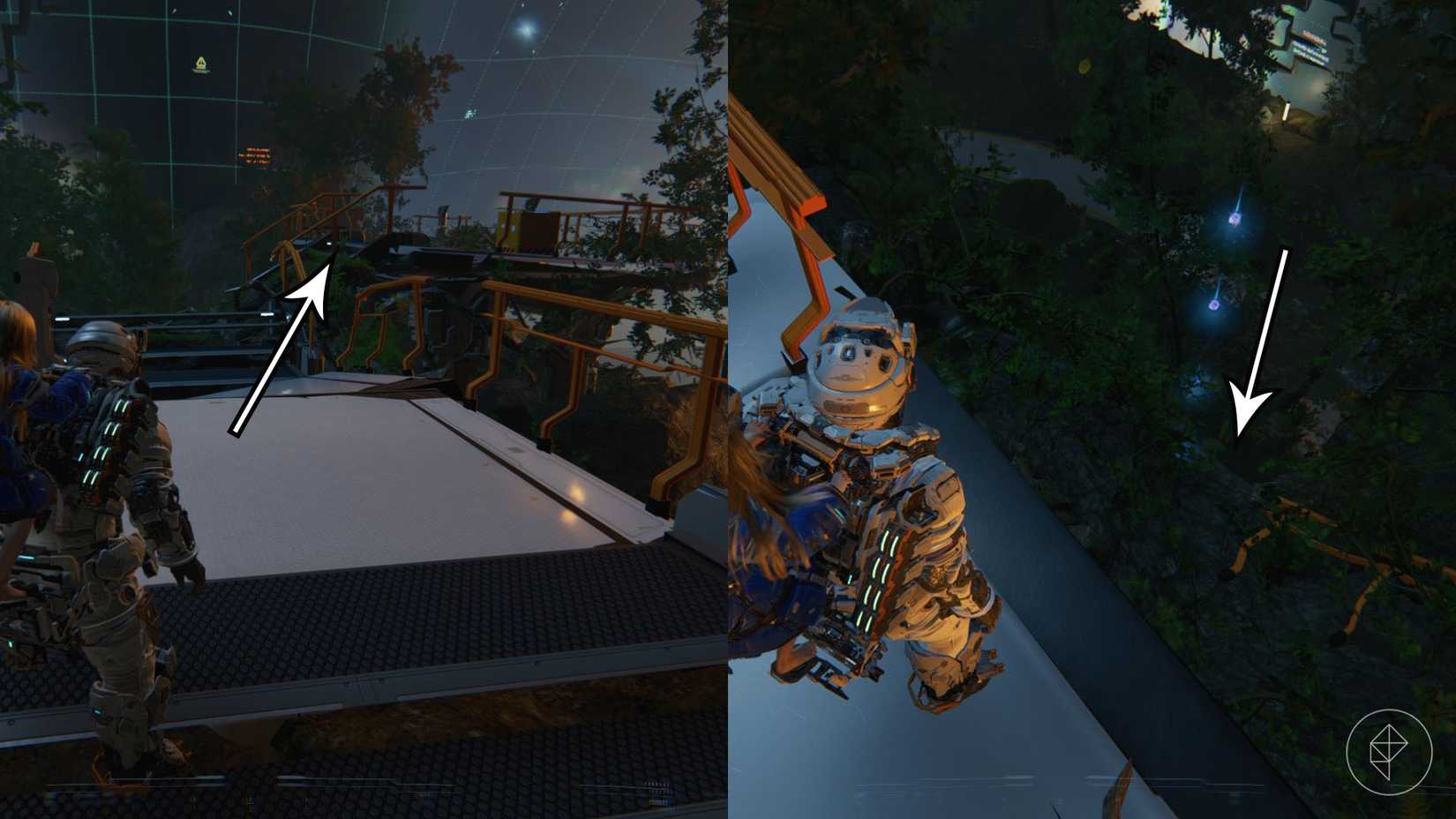 A man carrying a girl on his back following a broken pathway and looking down toward floating blue orbs in Pragmata.