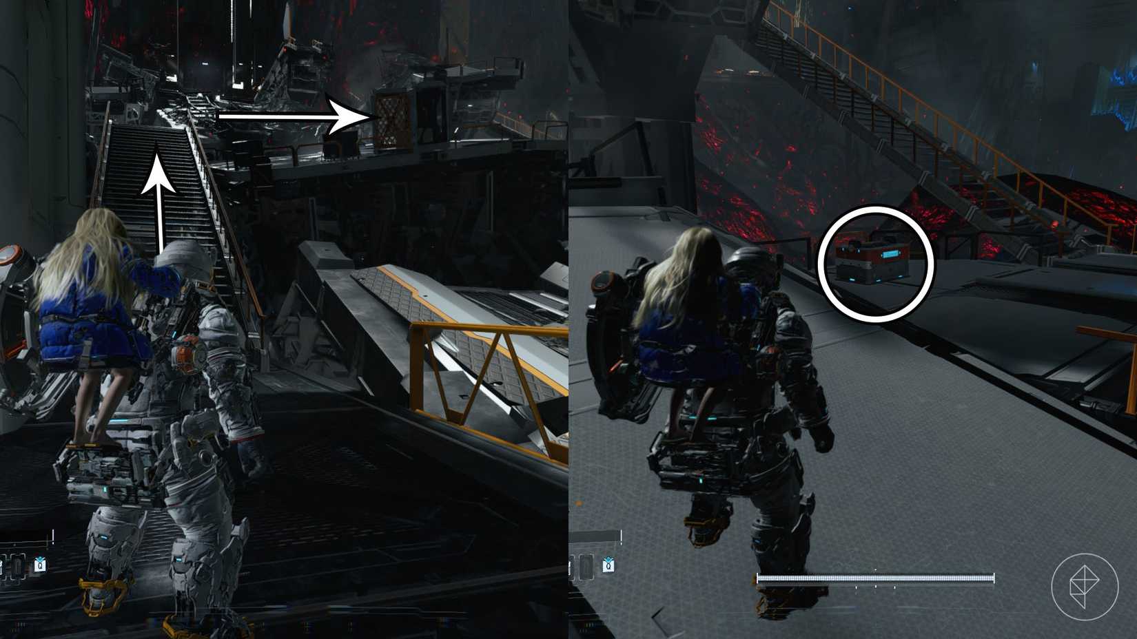 A man standing at the bottom of a long stair case and in front of a chest in Pragmata.