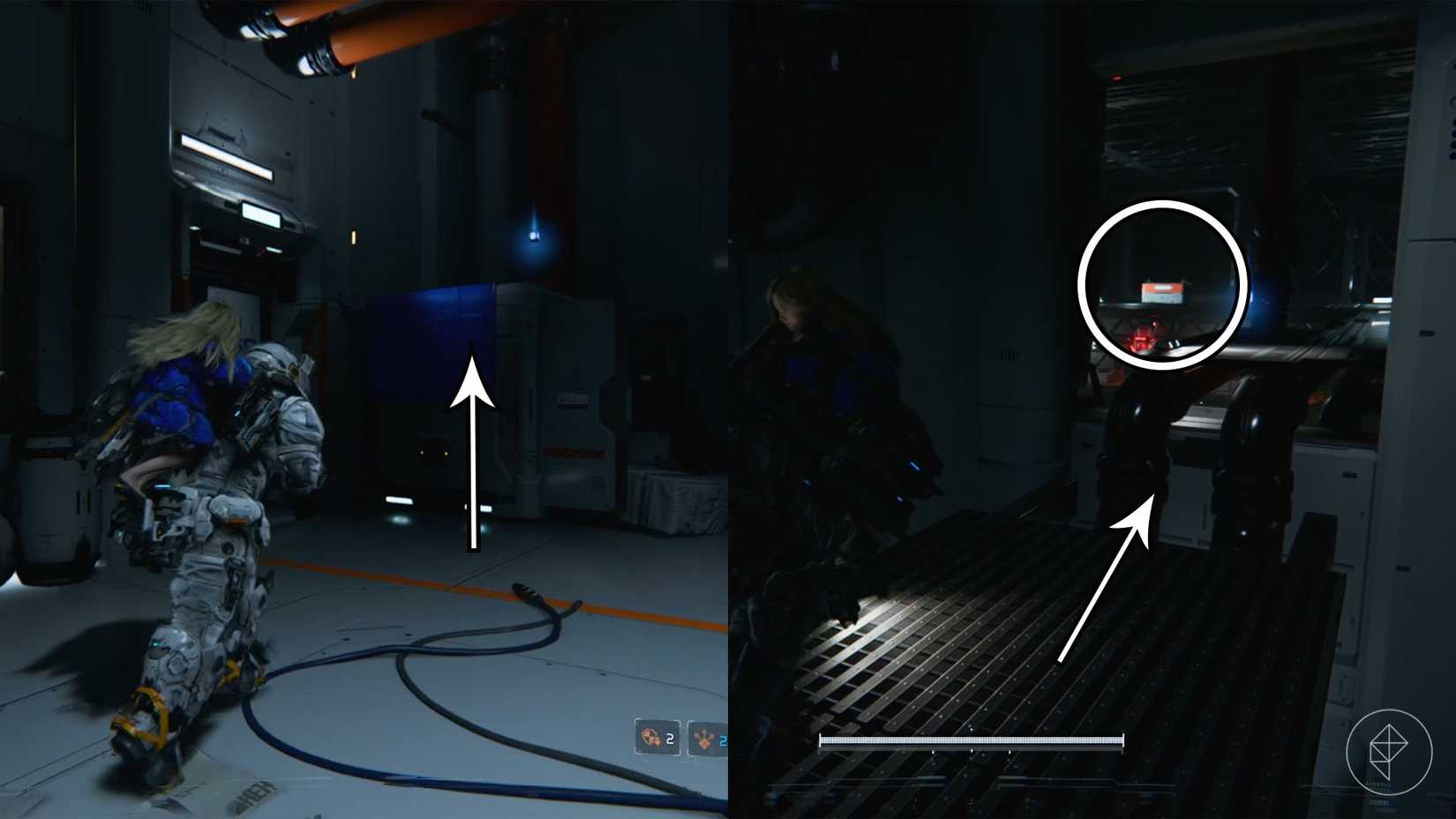 A man carrying a girl on his back looking toward a box with a blue tarp on it and a safe box in the distance in Pragmata.