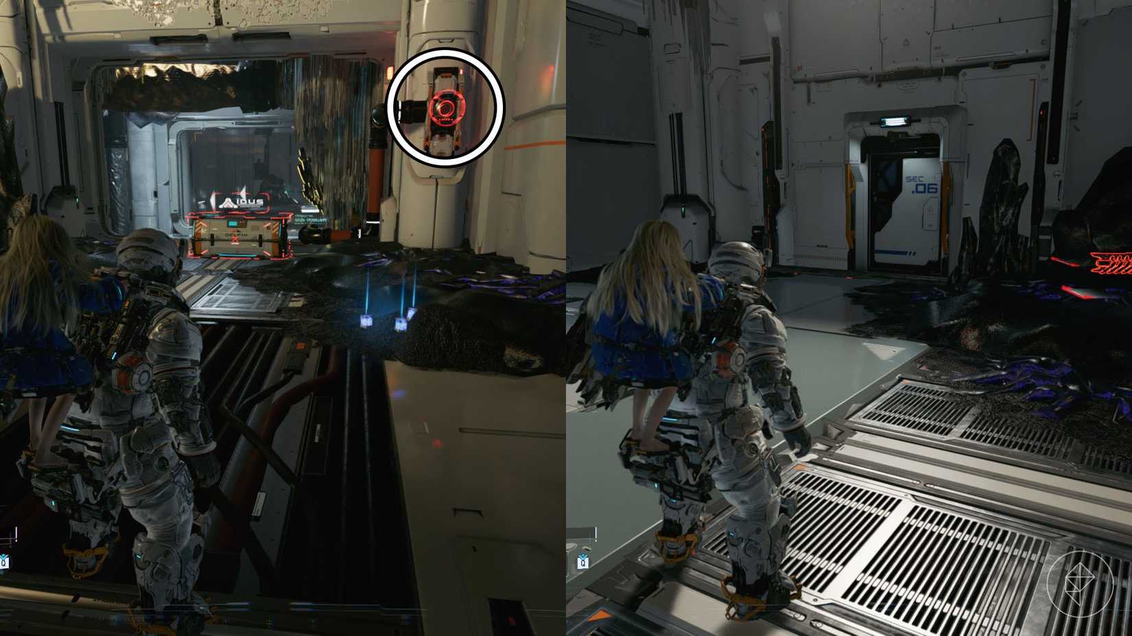 A man carrying a girl on his back looking at a machine with a red light and a locked chest as well as standing in front of a white door.