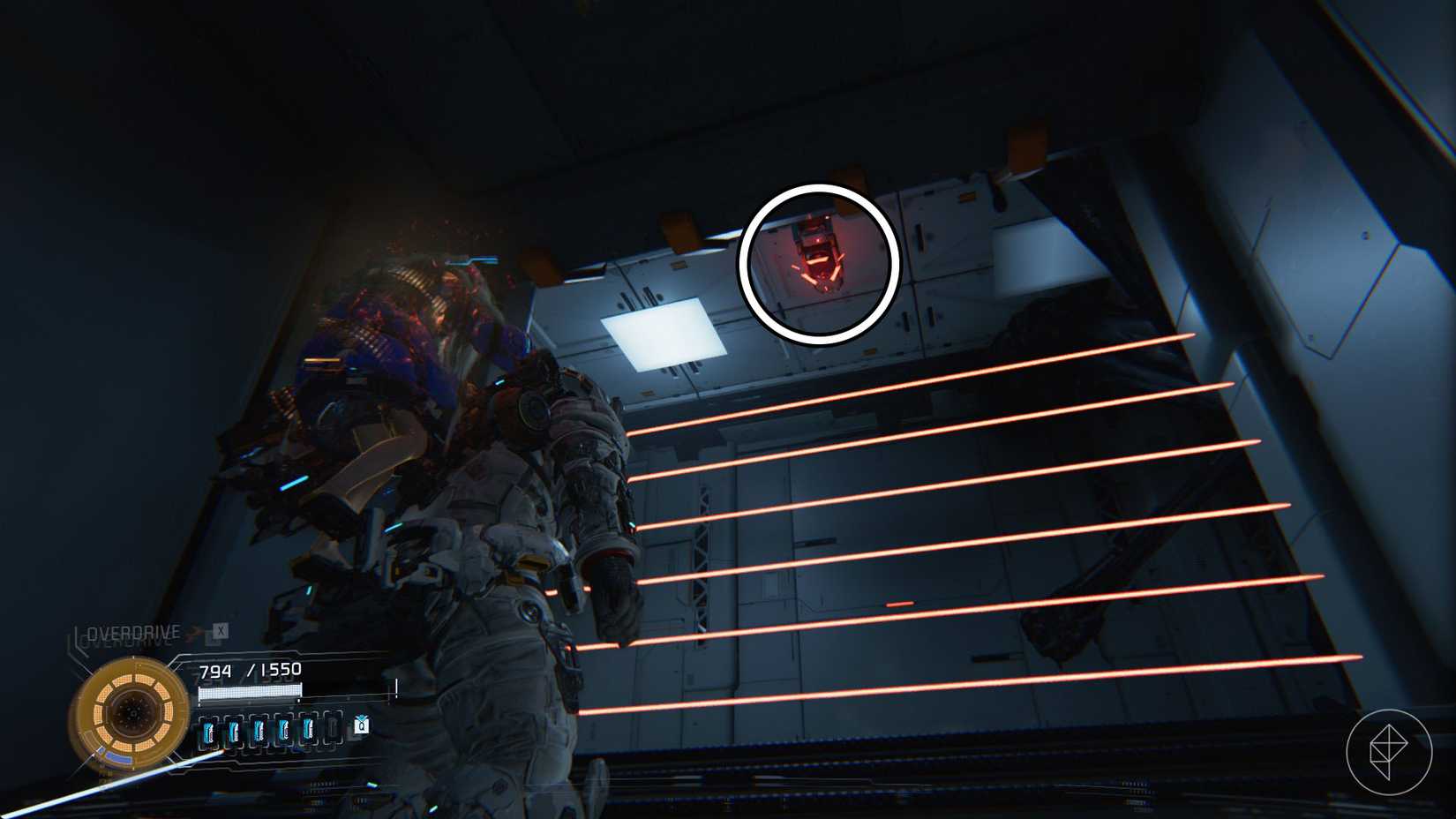 A man carrying a girl on his back looking toward a red light on the ceiling in Pragmata.