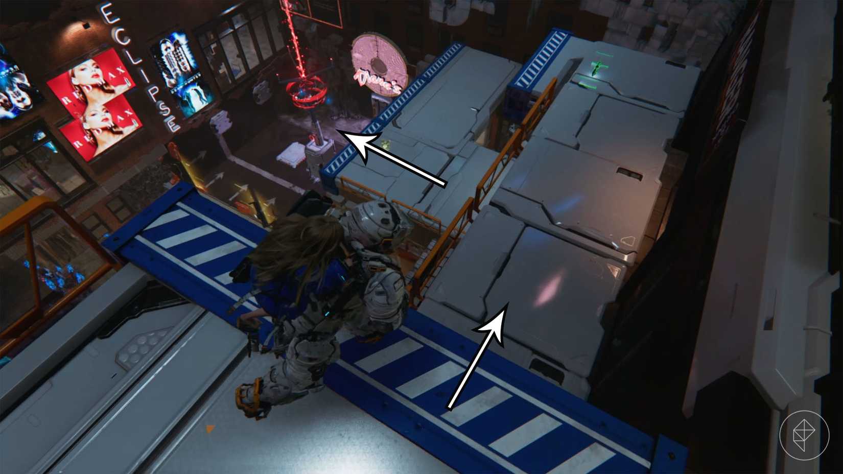 A man carrying a girl on his back moving along white shiny platforms with blue edges in Pragmata.