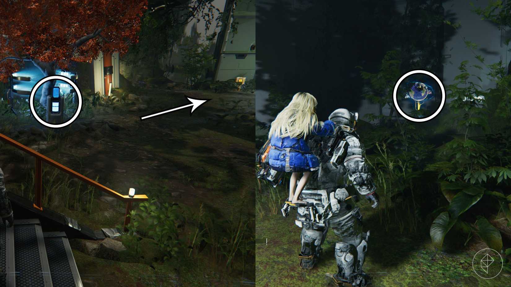 A panel in front of a tree with orange leaves and a man carrying a girl on his back in front of a holographic Earth in Pragmata.