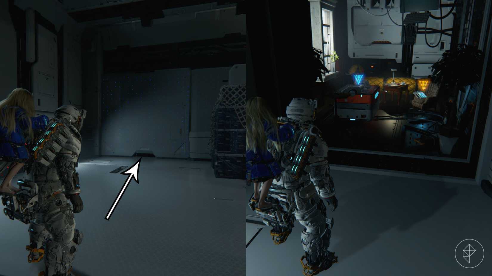 A man carrying a girl on his back looking toward a white wall with another image of the room that is hidden behind it.