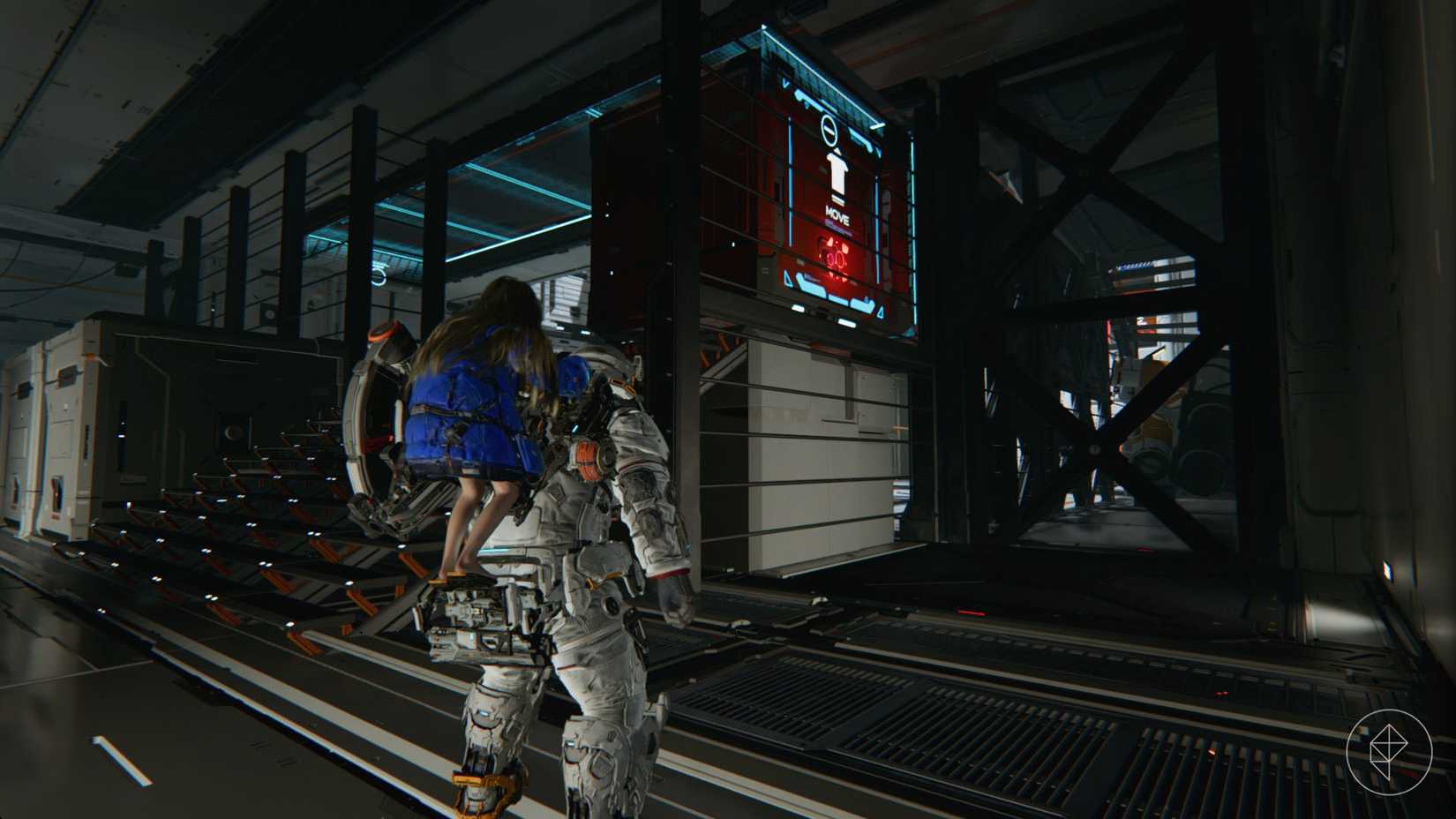 A man carrying a girl on his back looking at an orange container with a white arrow on it in a dark room in Pragmata.