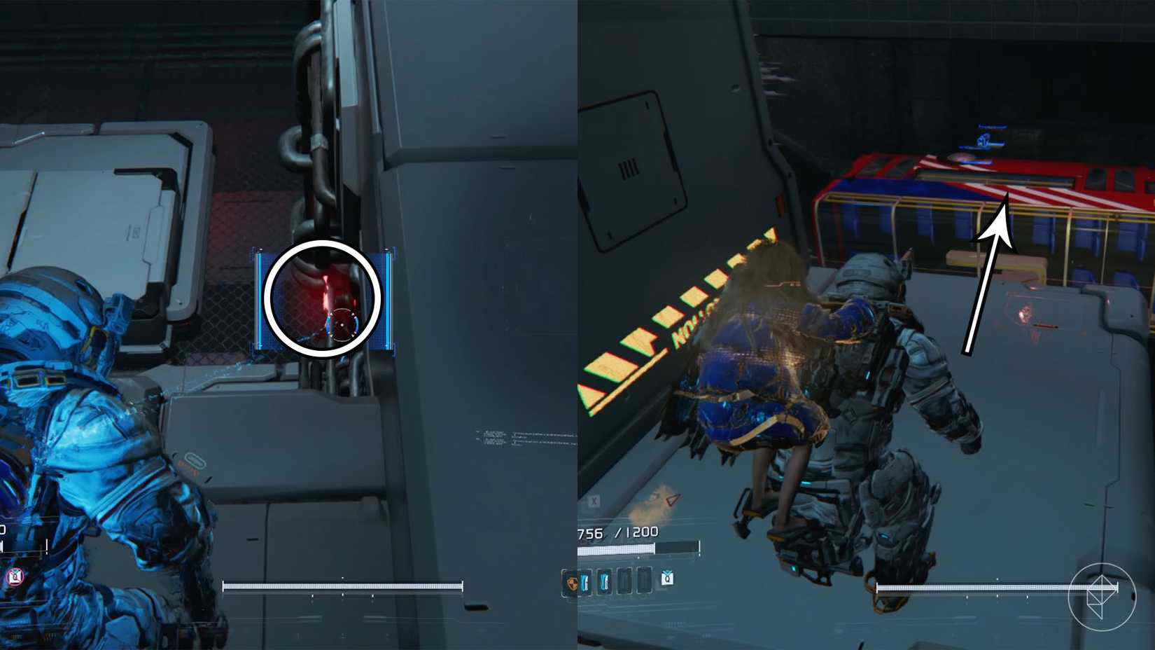 A man with a girl on his back looking toward a red lit terminal and heading toward a sideways bus on a wall in Pragmata.