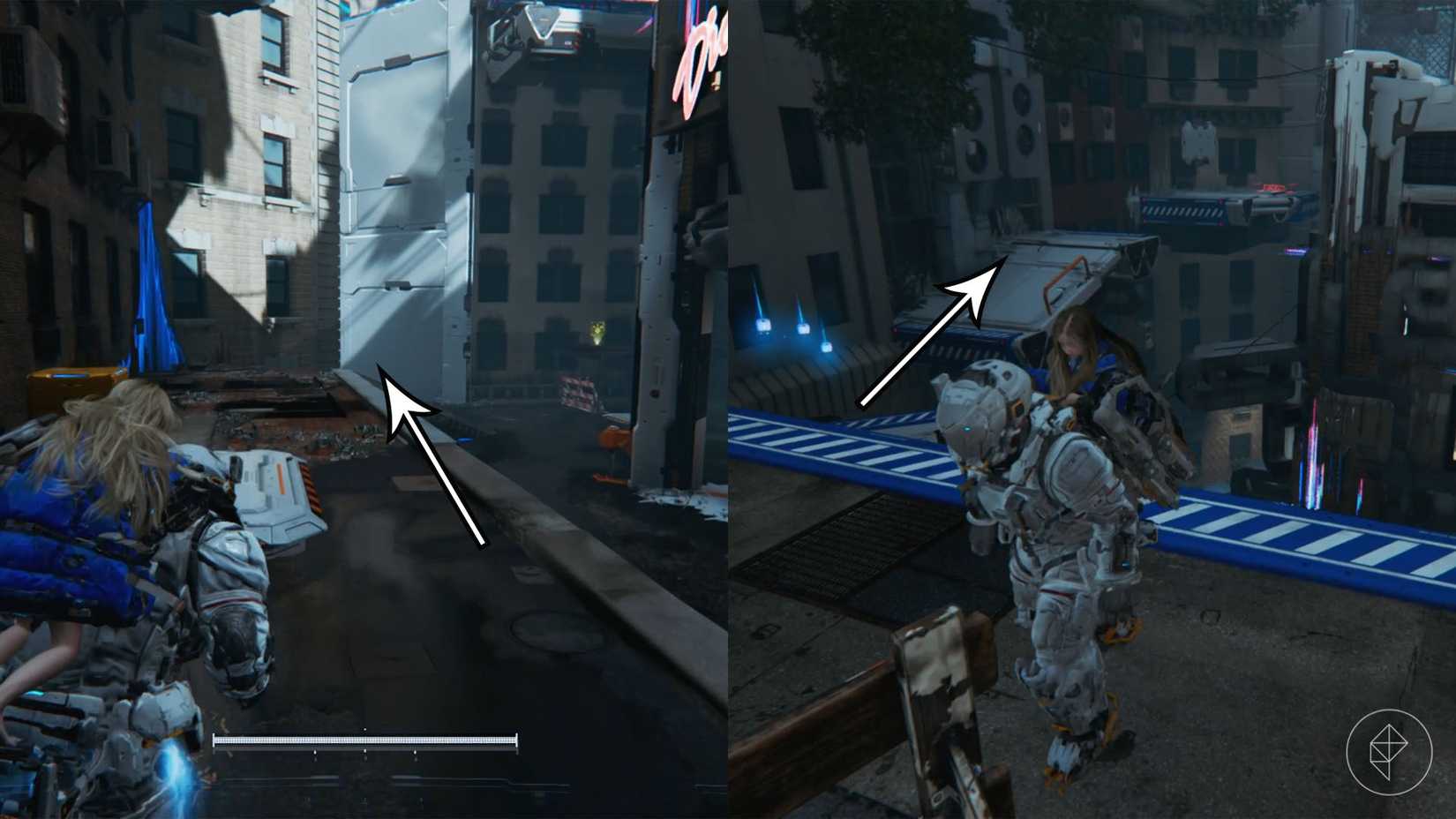 A man carrying a girl on his back walking toward a brick and white wall and a couple platforms attached to a wall in Pragmata.