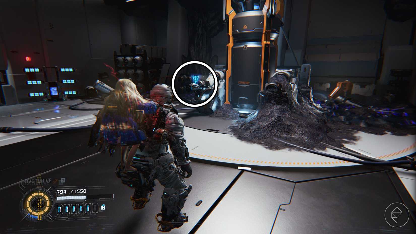 A man looking toward a blue triangle beside a black container in Pragmata.