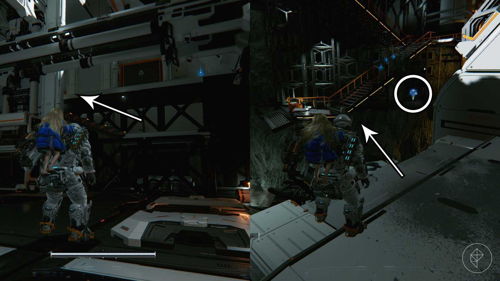 A man carrying a girl on his back looking two sets of staircases in Pragmata.