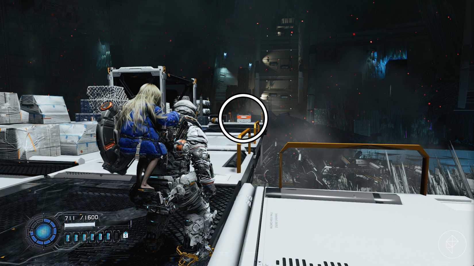 A man standing in front of a chest in the distance in Pragmata.