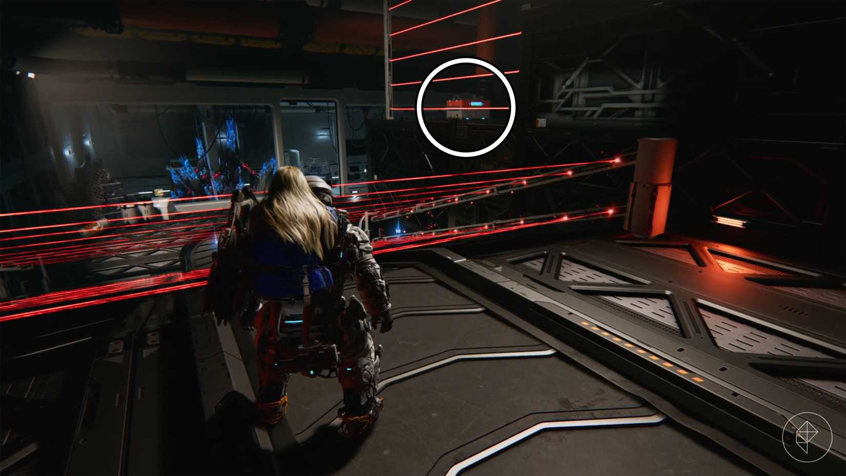 A man carrying a girl on his back standing in front of a ramp covered in lasers and a box blocked off by lasers in Pragmata.