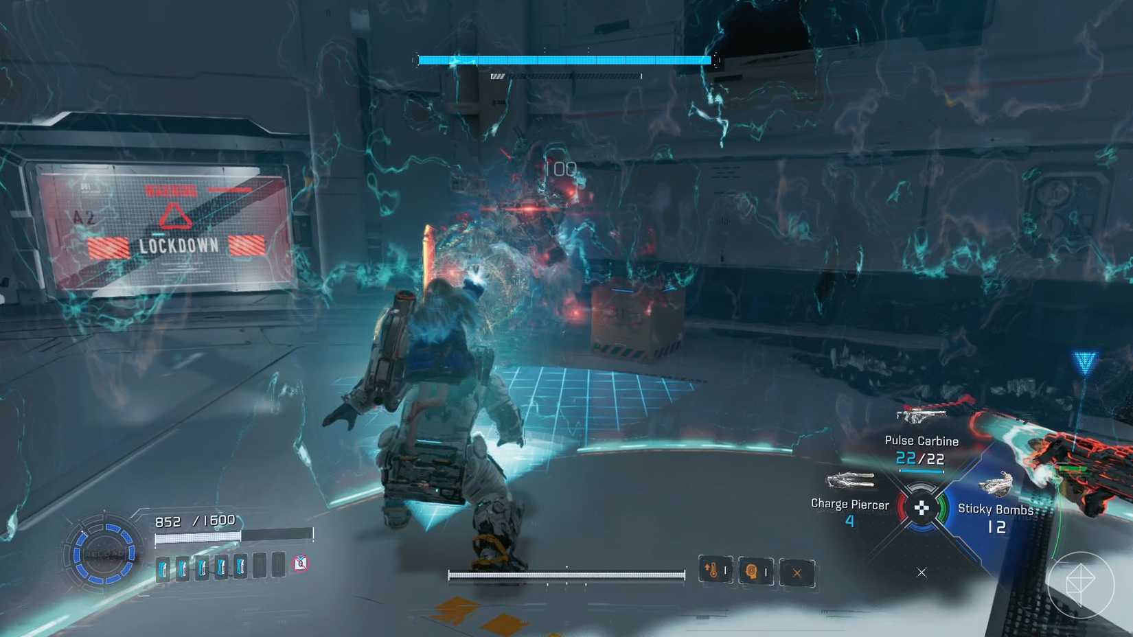 A man carring a girl on his back standing in a light blue bubble that is blocking off a large robot.