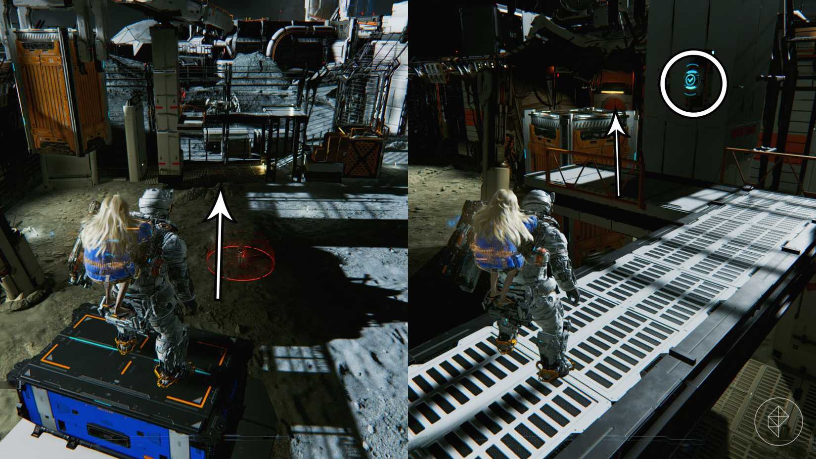 A man standing on a blue box looking toward a platform across an open area and a blue light on the wall.