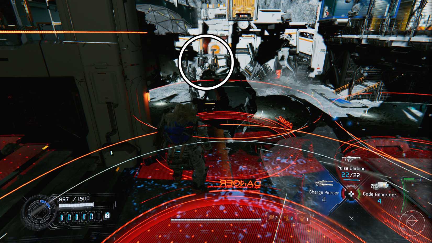 A man carrying a girl on his back standing in between four red "danger" circles in space in Pragmata.