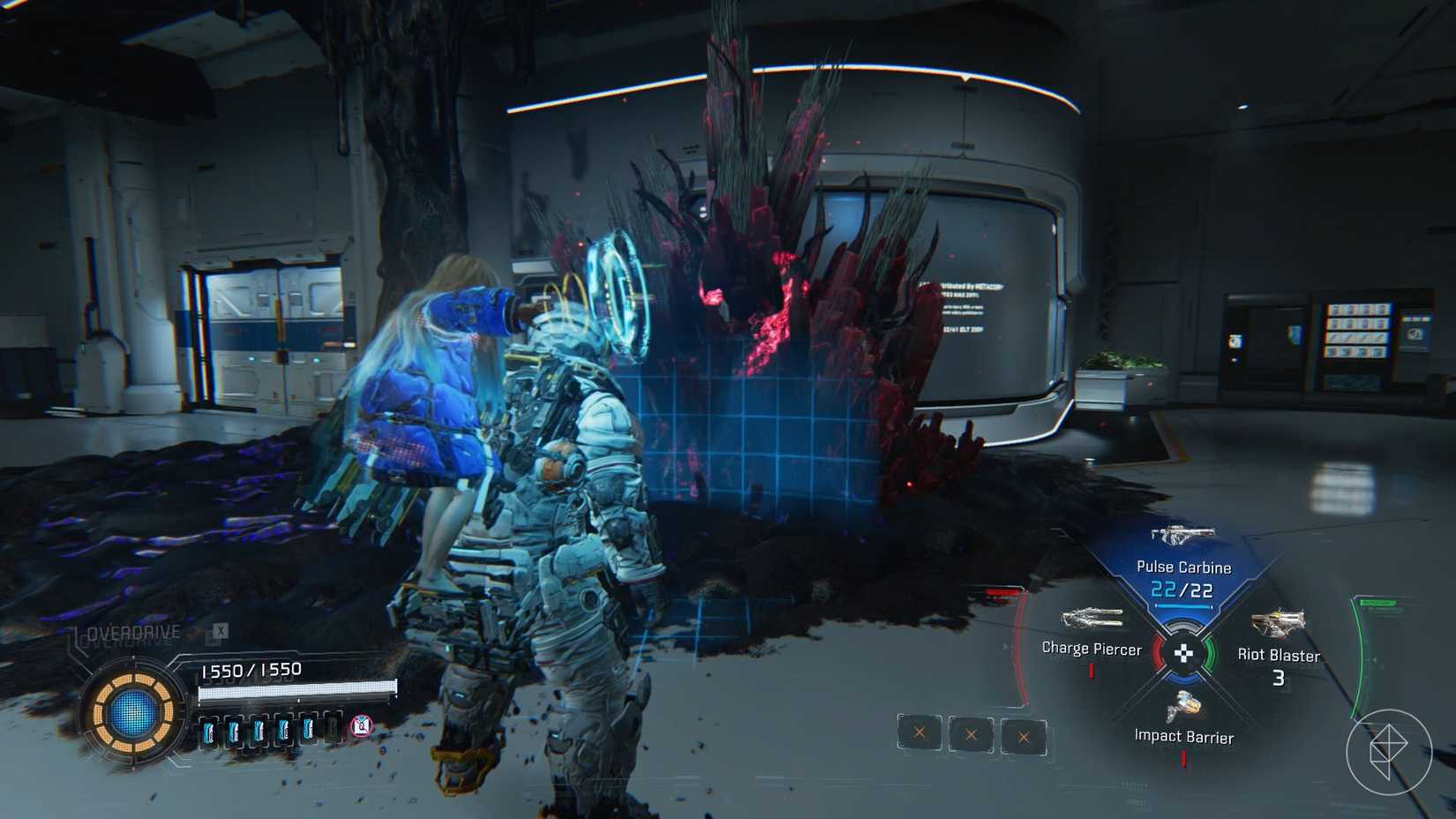 A little girl on a mans back with blue rings coming out of her hand standing in front of a pile of red and black filament in Pragmata.