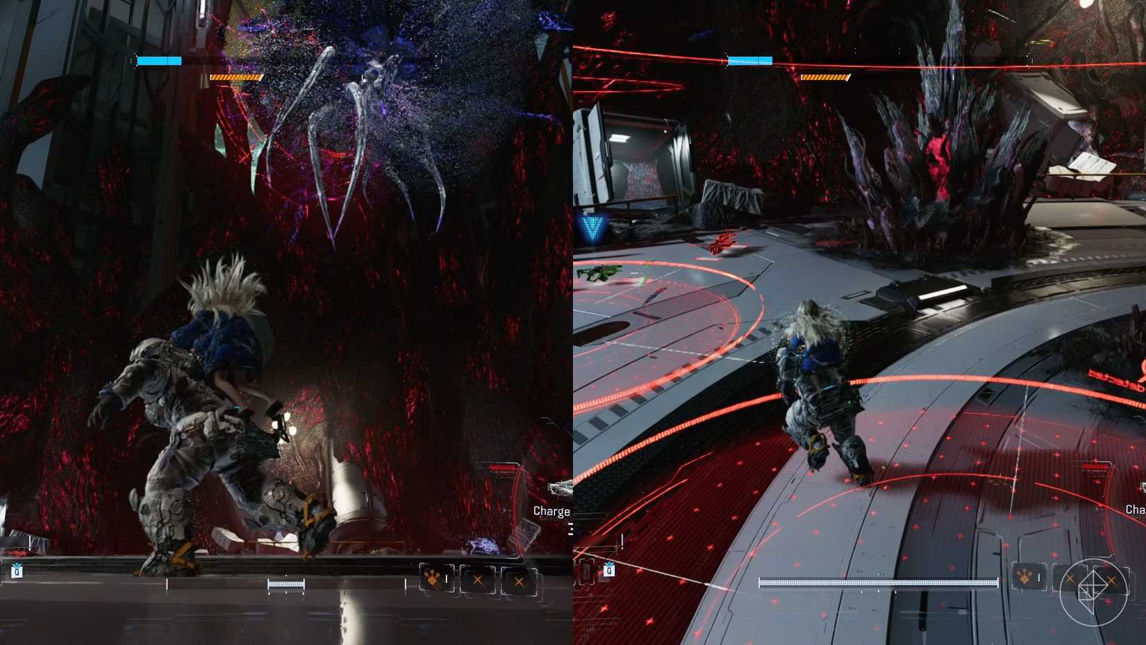 A man carrying a girl on his back looking at a floating monster in the air as well as him running through a red circle on the floor.