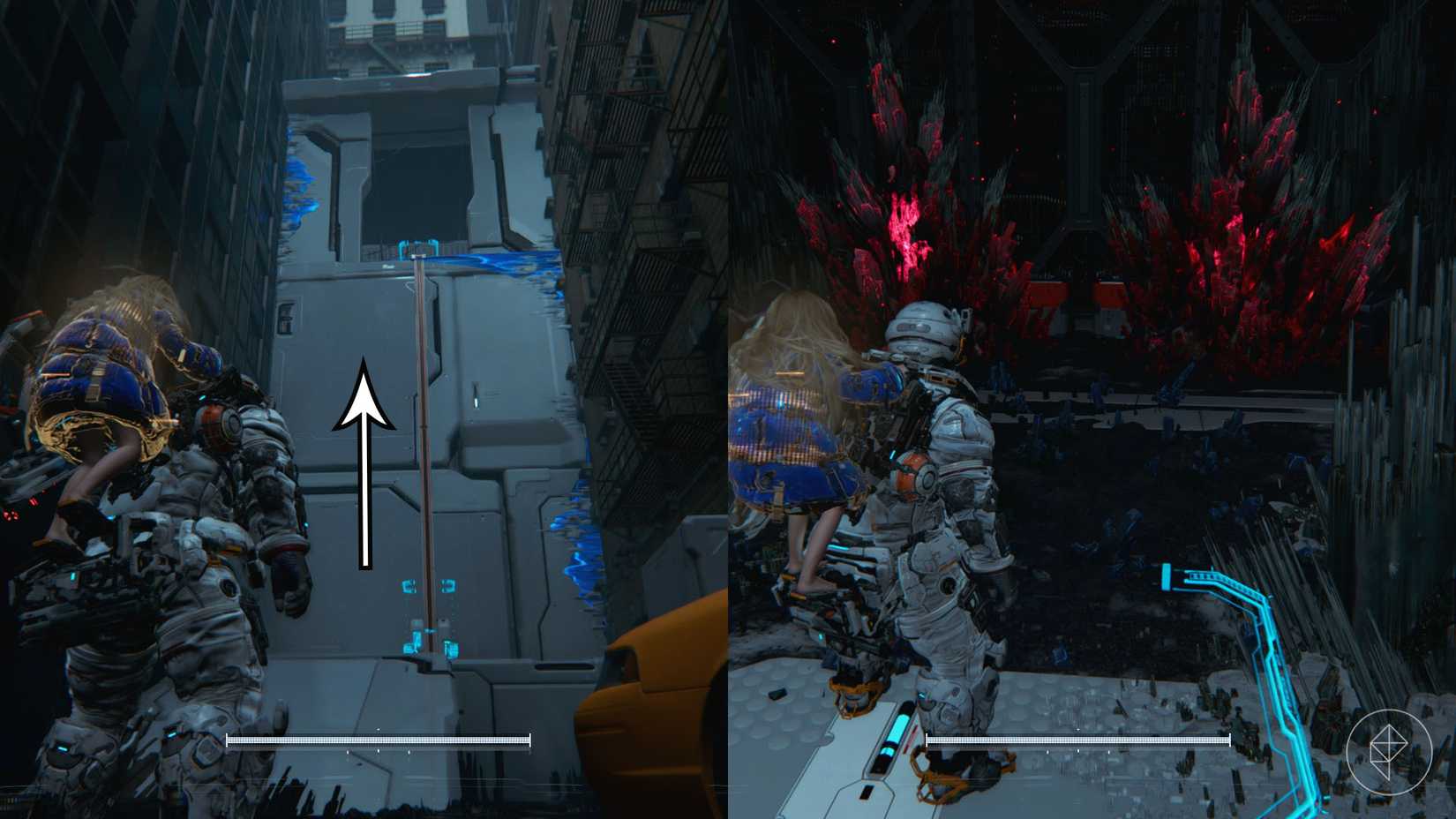 A man carrying a girl on his back standing in front of an elevator lift and two red and black spikes in Pragmata.