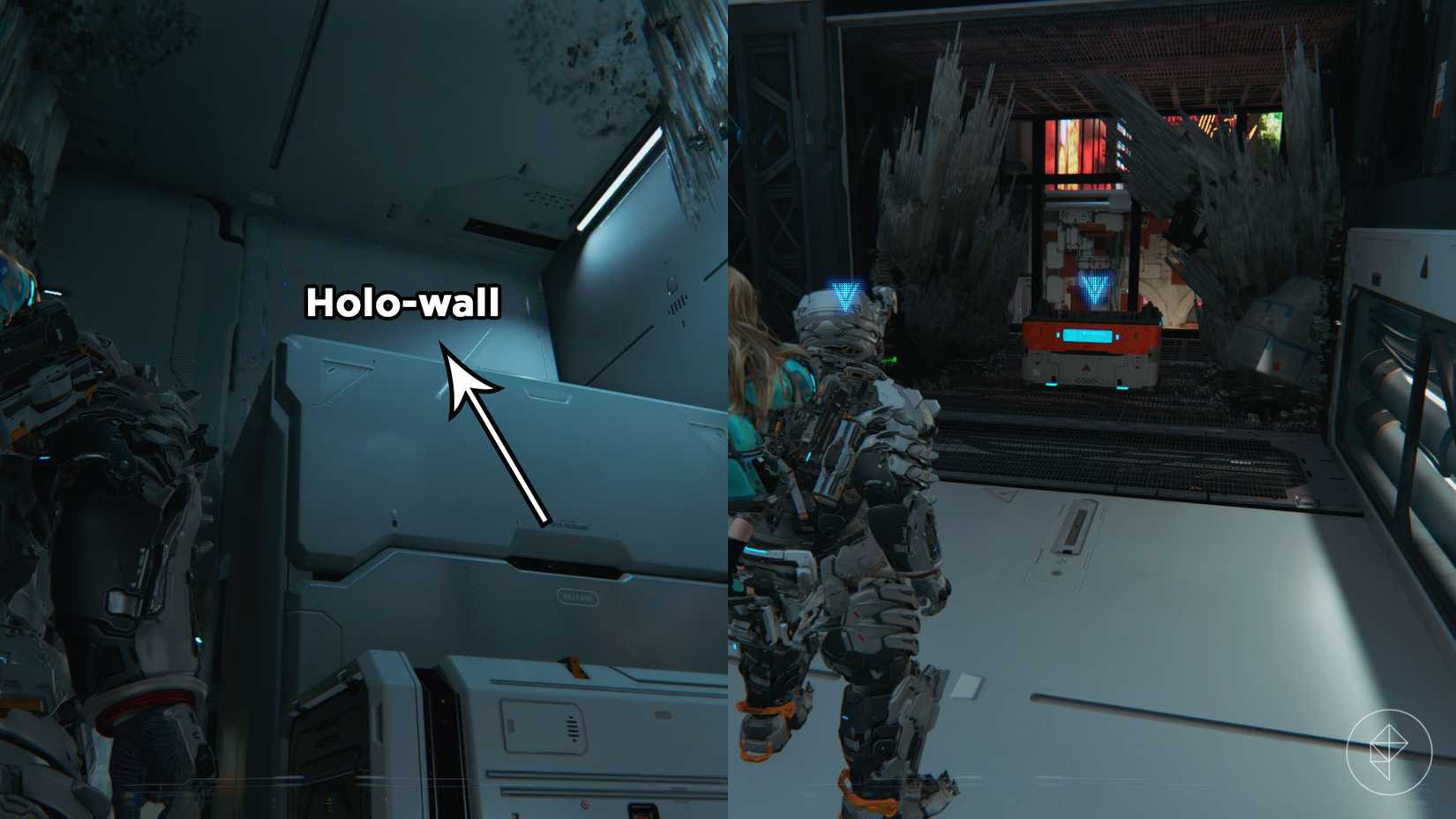 A man with a girl on his back standing in front of a wall with blue markings and a chest in Pragmata.