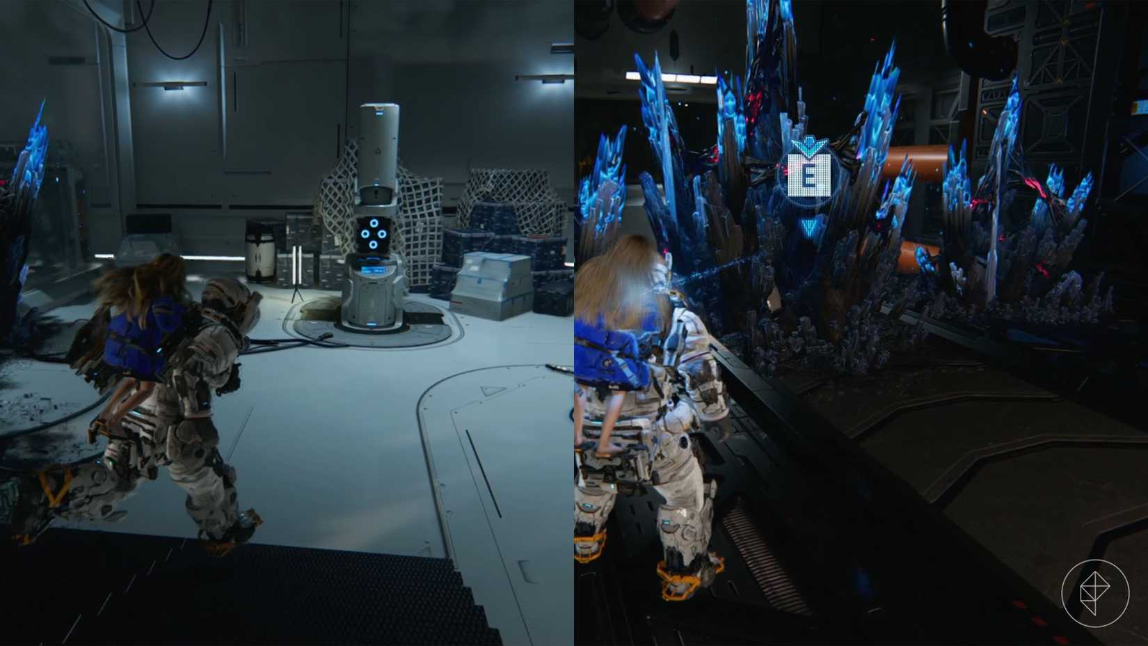 A man carrying a girl on his back heading to a white machine and the girl pointing a laser at large black and blue spikes in Pragmata.