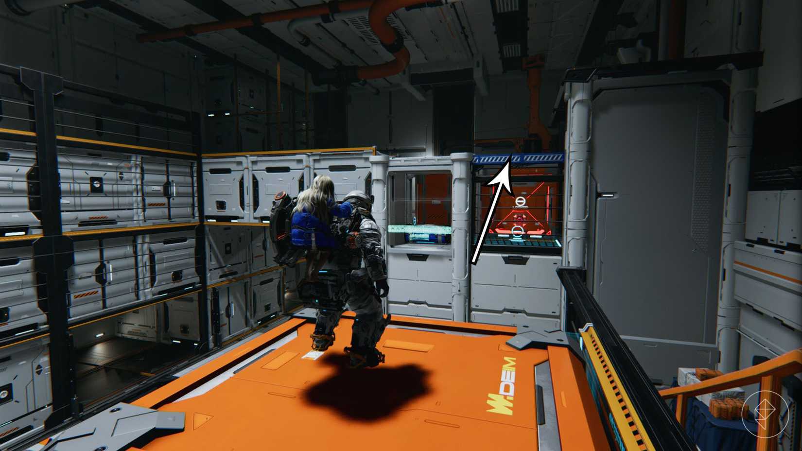 A man standing on an orange box looking toward a white wall with a blue edge in Pragmata.