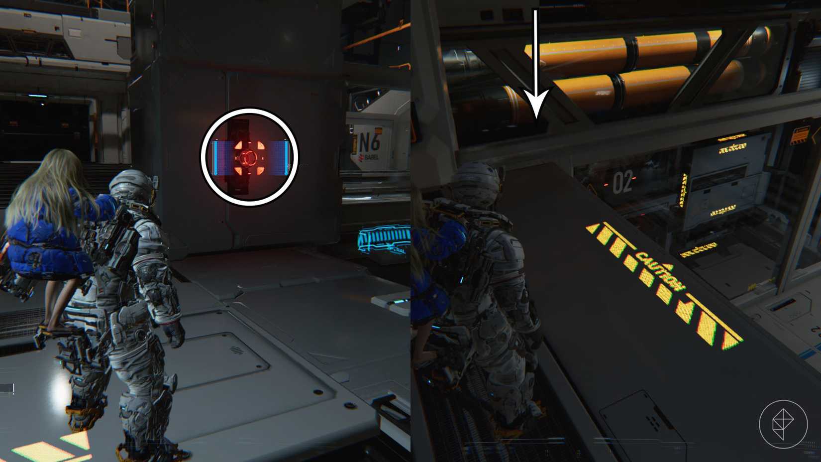 Man carrying a girl on his back in front of a red circle and a glass wall in Pragmata.