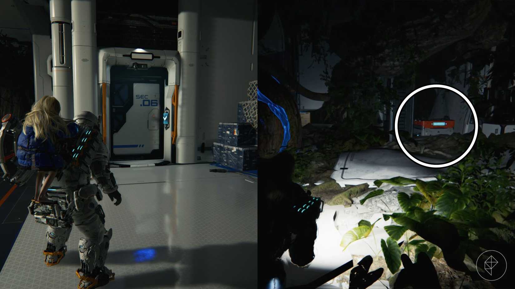 A man in a space suit standing in front of a white door and finding a chest in a dark room in Pragmata.