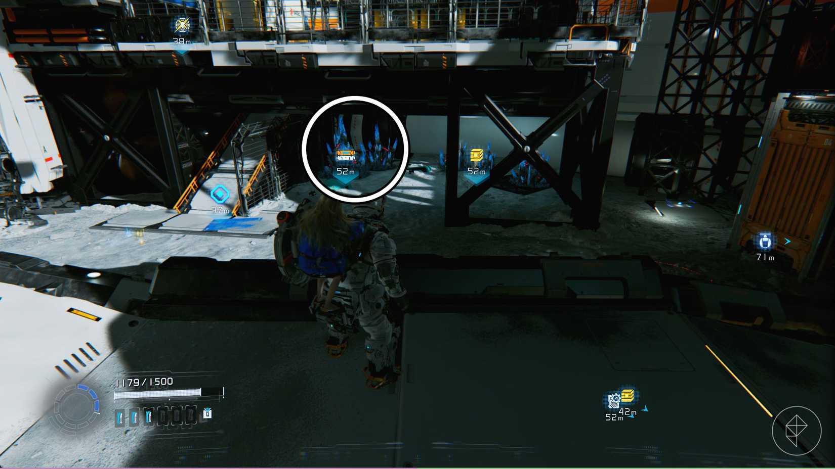 A man carrying a girl on his back looking toward black and blue spikes under a platform in Pragmata.