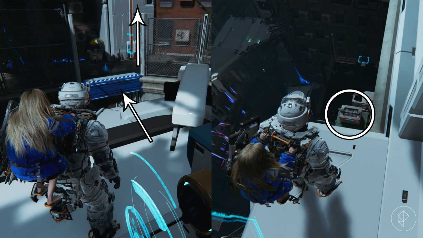 A man carrying a girl looking toward a rooftop with an elevator and looking down toward a chest.