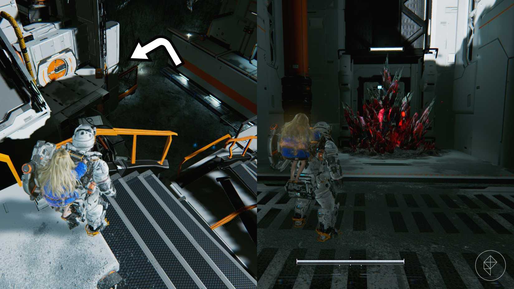 A man carrying a girl on his back looking down toward a lunar base and a black and red spike in Pragmata.