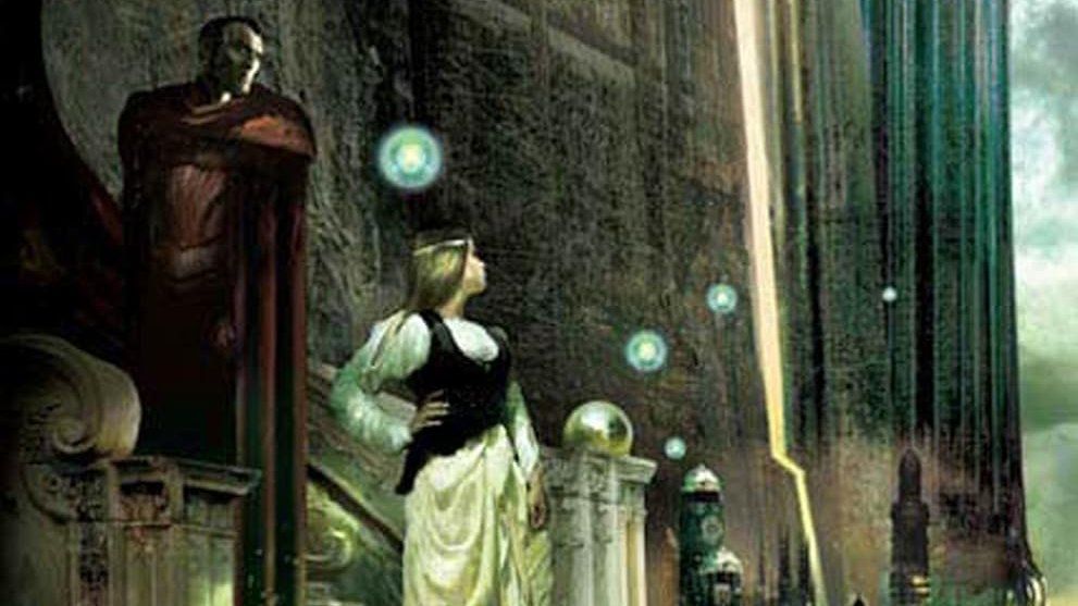 The cover of Elantris shows a woman standing on steps looking at city with a man in a red cloak standing behind her.
