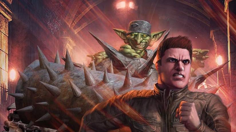 Carl wearing a military jacket runs from a group of goblins driving a very spiky tank in Dungeon Crawler Carl