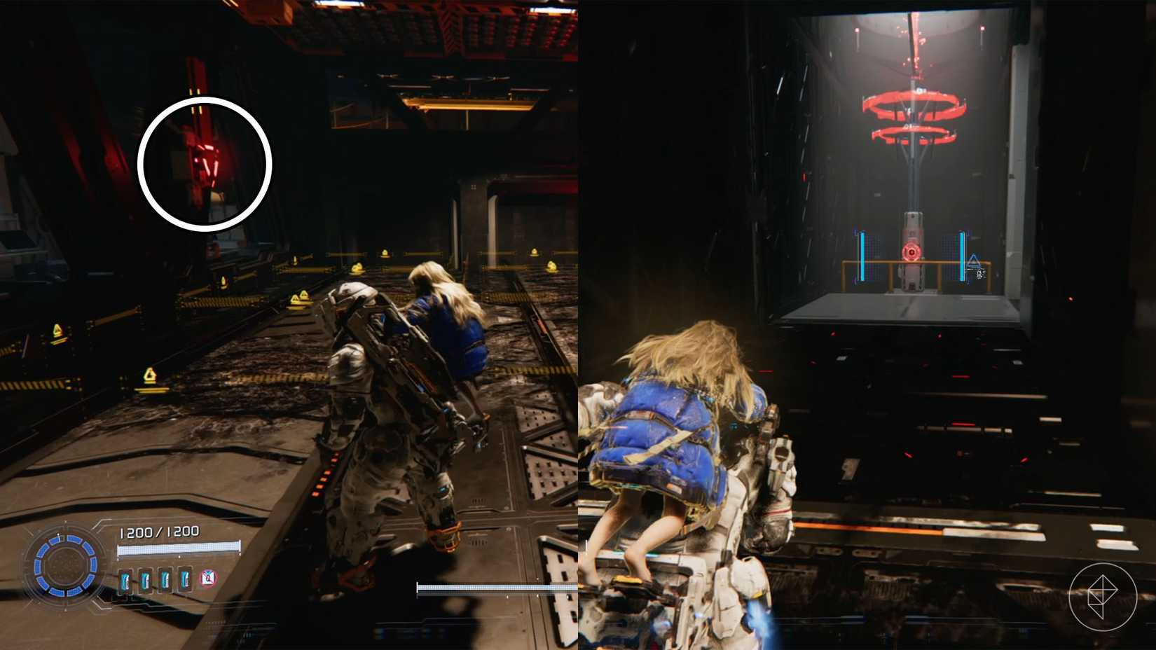 A man carrying a girl on his back looking at a red light on a wall and a red antenna structure in Pragmata.