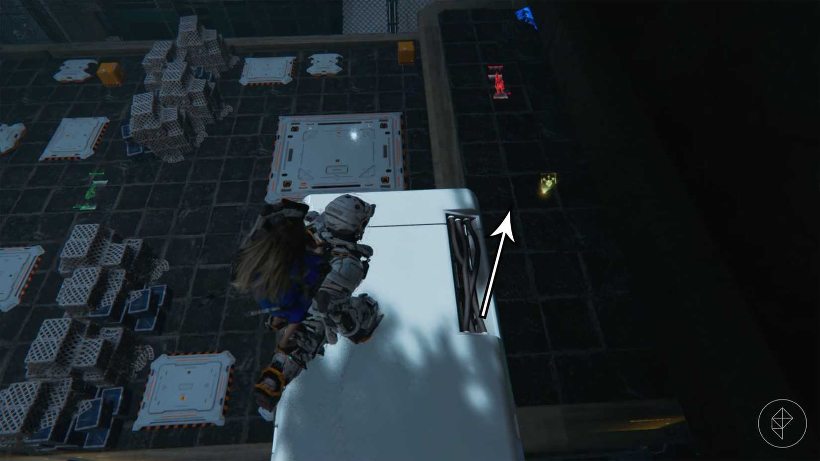 A man carrying a girl on his back dropping toward a ledge with a red and yellow item on it in Pragmata.