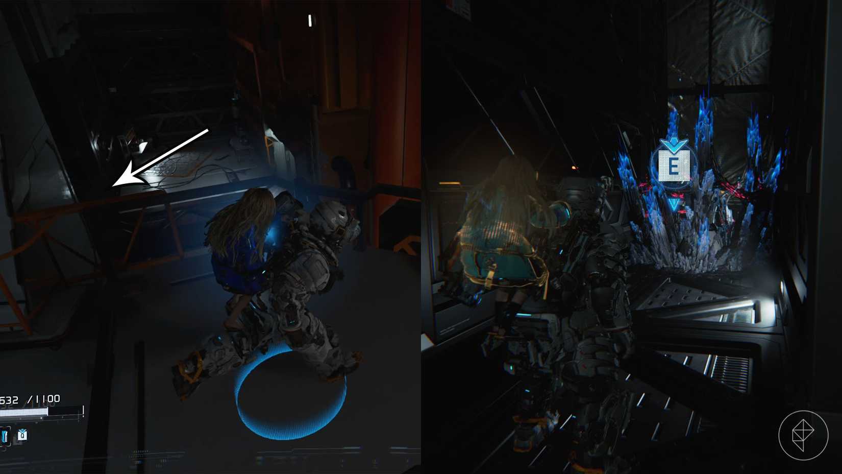 A man carrying a girl on his back standing in front of black and blue spikes in a dark hallway in Pragmata.