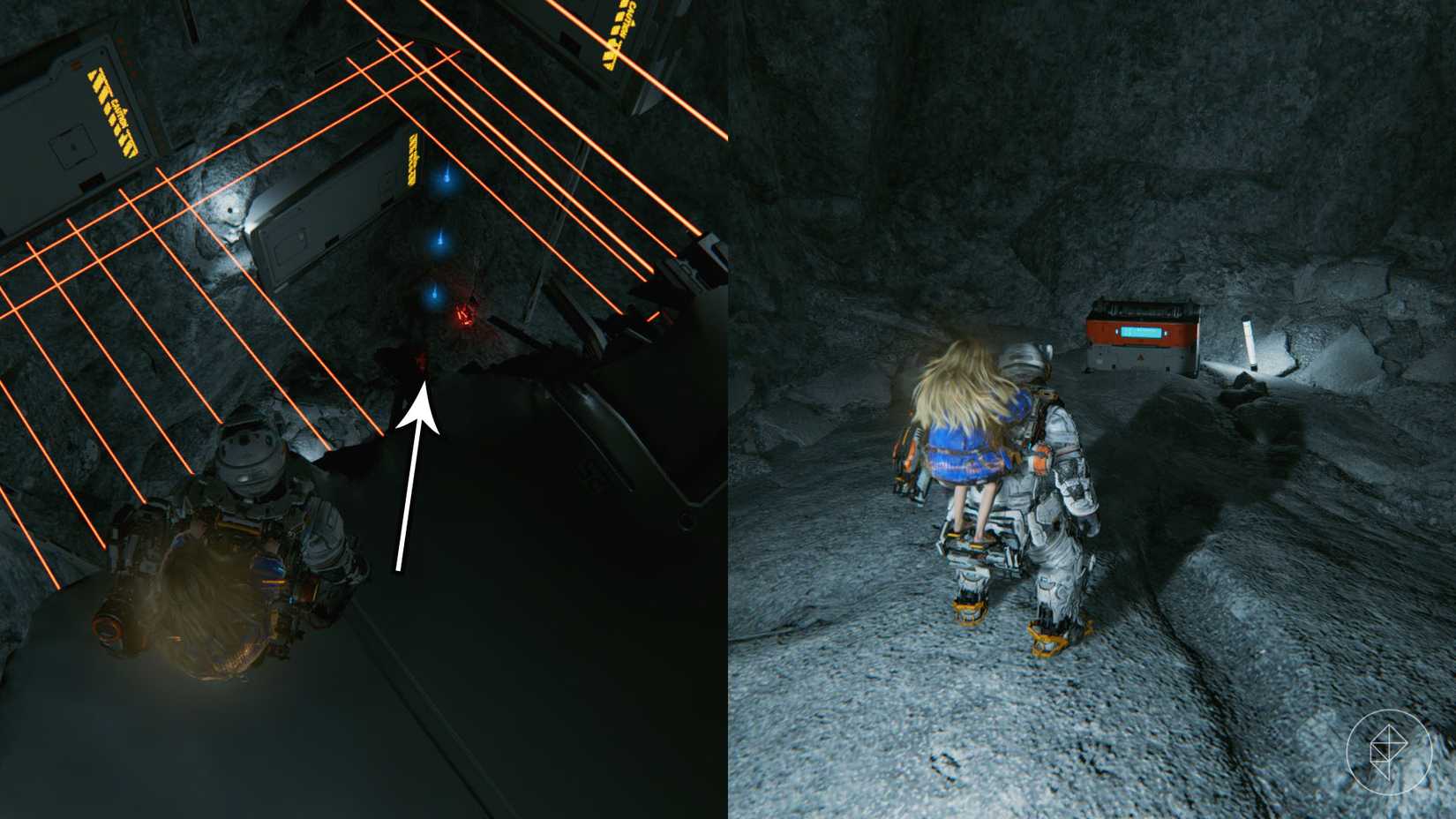 A man carrying a girl on his back looking down toward a pit full of lasers and a chest in Pragmata.