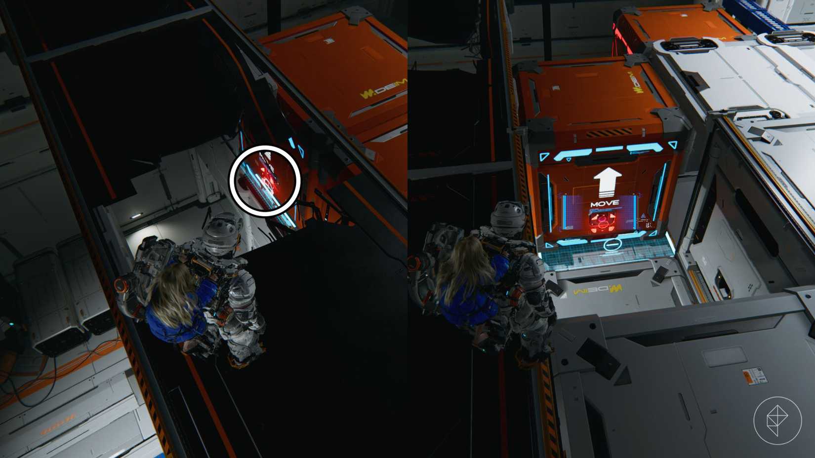 A man looking into a hole in the floor and an orange box in Pragmata.