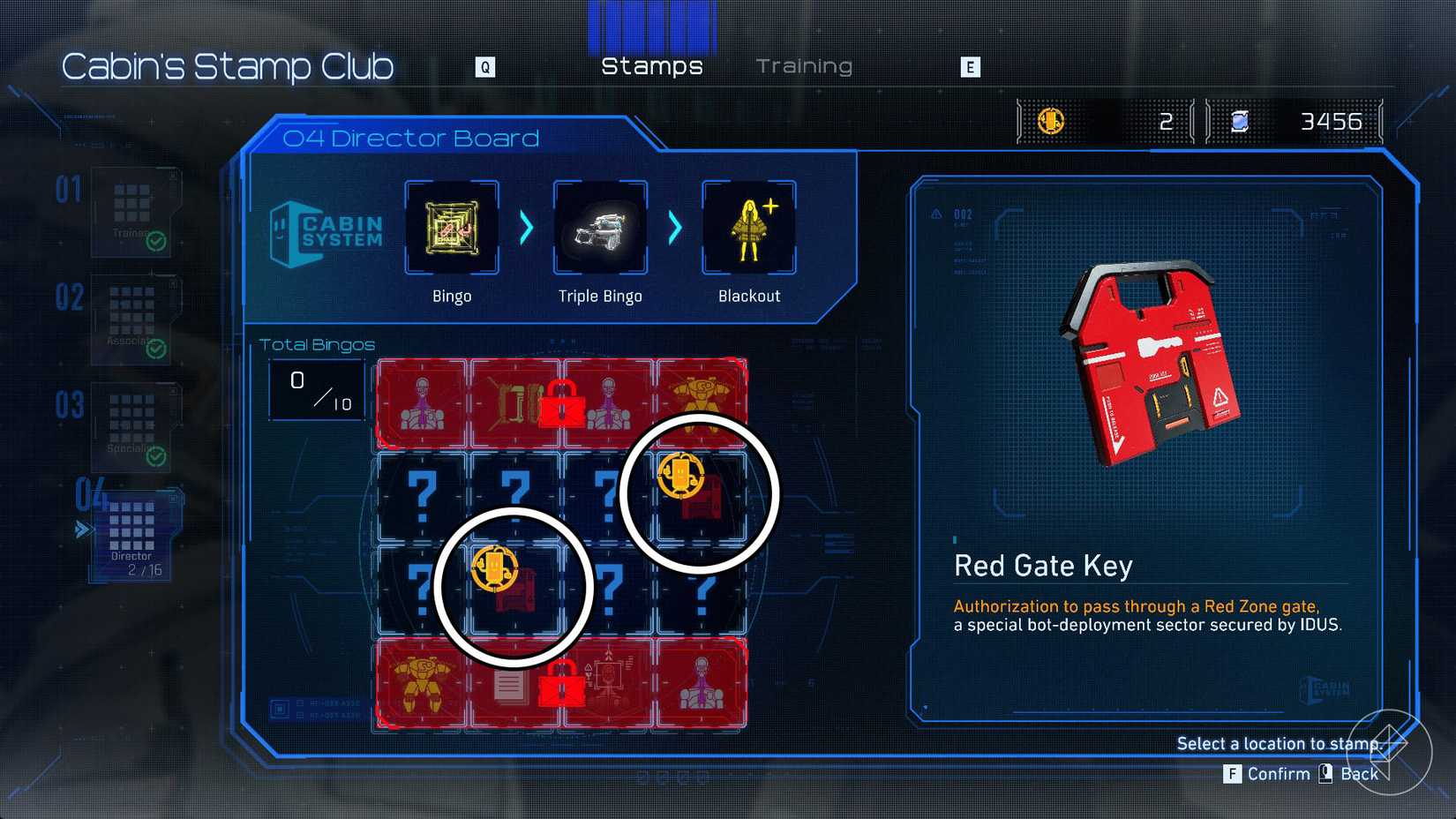 A 4 x 4 grid of Cabin's Stamp Club with two circled squares in Pragmata.