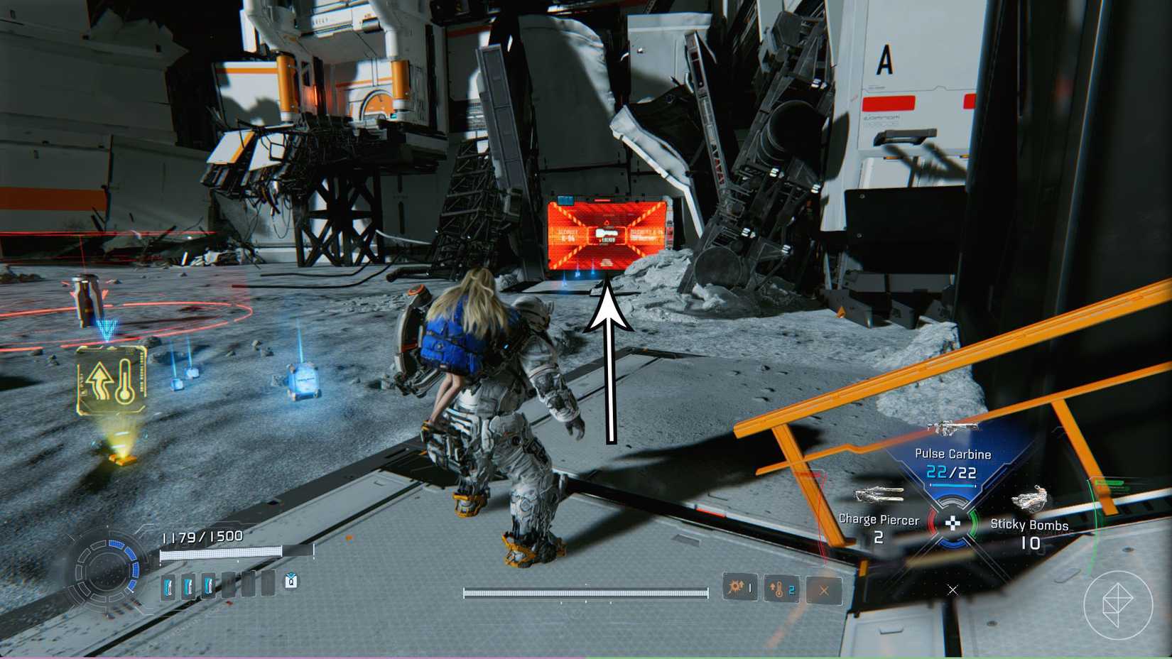 A man carrying a girl on his back looking toward a light red door in the distance in space in Pragmata.