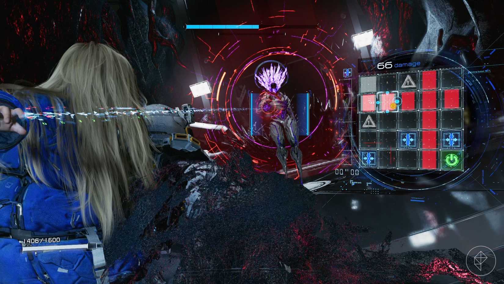 A girl in a blue jacket aiming a light at an alien like creature with a red circle behind it along with a 5x5 grid with red, blue, and green squares.